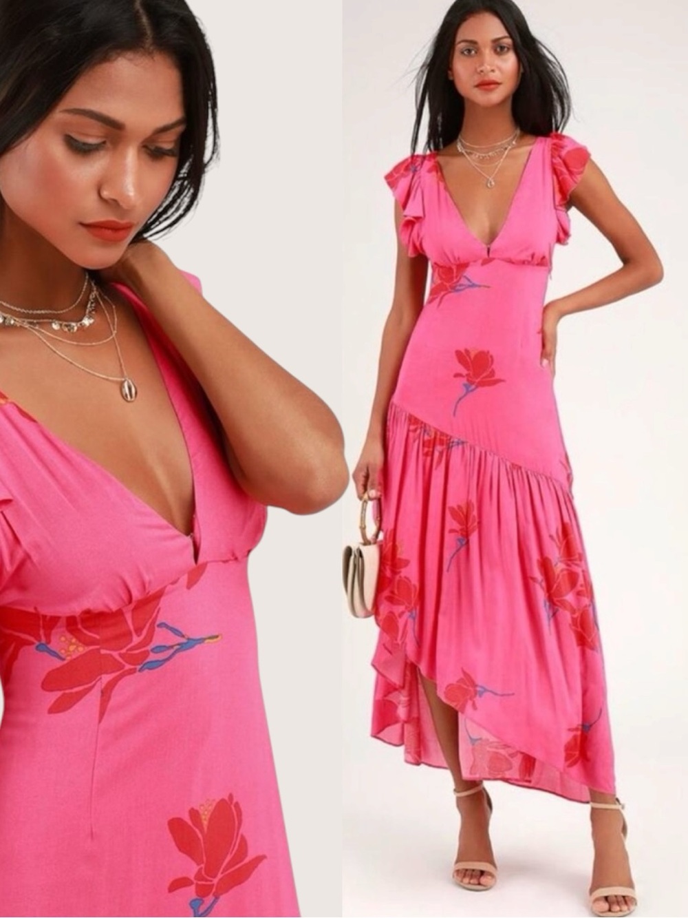Free People Tropical Hawaiian Hibiscus Hot Pink Floral Maxi Dress Size 8 Summer